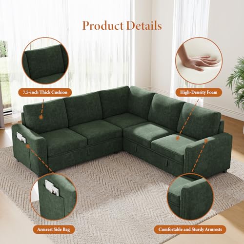 88.4" Sectional Sleeper Sofa with Pull Out Bed, 5 Seater L Shaped Modular Sectional Couch with Storage, Comfy Chenille Modular Couch for Living Room, Bedroom, Apartment, Green