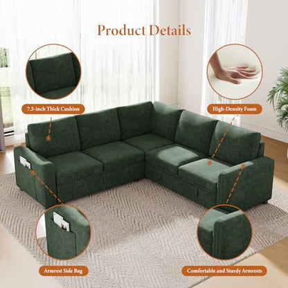 88.4" Sectional Sleeper Sofa with Pull Out Bed, 5 Seater L Shaped Modular Sectional Couch with Storage, Comfy Chenille Modular Couch for Living Room, Bedroom, Apartment, Green