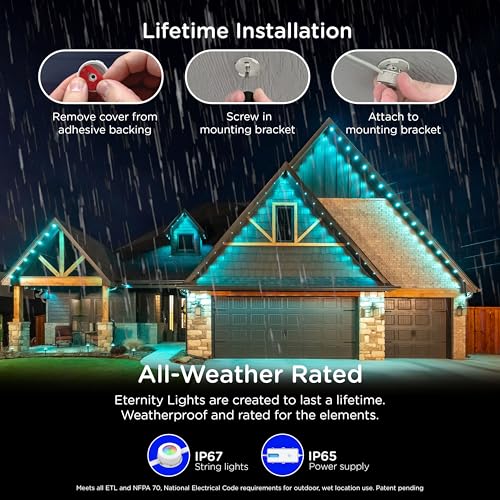 Eternity Permanent Outdoor Lights, 150ft with 108 RGBWIC LED Lights, App‑Controlled, Cuttable, Christmas, Accent & Year‑Round Eave Lighting, Works with Alexa & Google Home, 85102