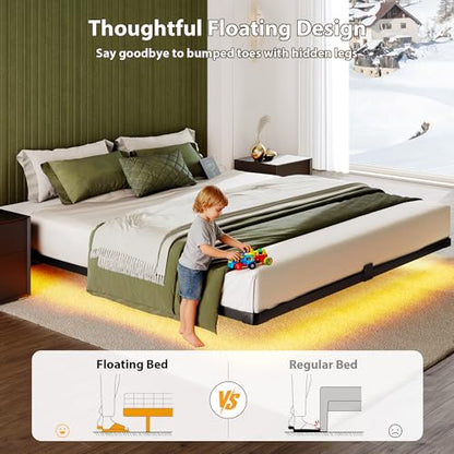 Floating Bed Frame Queen Size, Smart LED Lights & Charging Station, view 5
