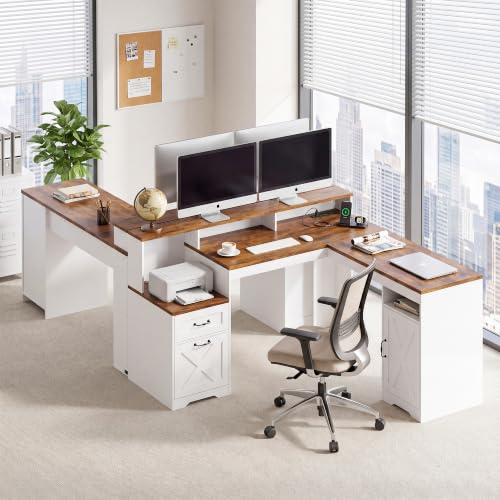 63 Inch Farmhouse L Shaped Computer Desk with Drawers & Power Outlets, view 4