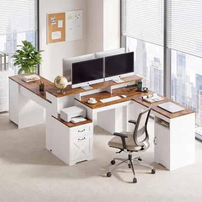63 Inch Farmhouse L Shaped Computer Desk with Drawers & Power Outlets, view 4