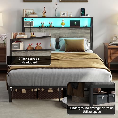 Queen Size Bed Frame with 2-Tier Storage Headboard, Rustic Grey, view 7