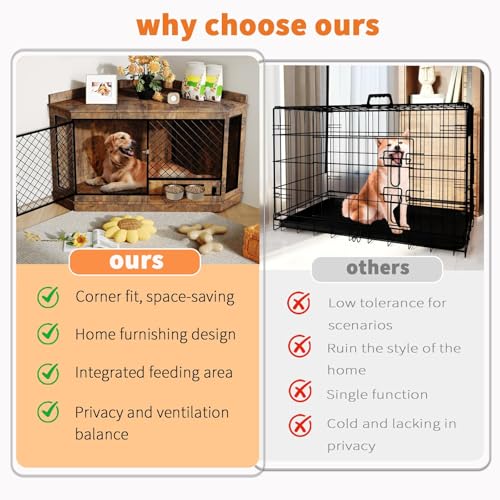 51.3" Corner Dog Crate Furniture with 360° Rotating Feeder, view 4