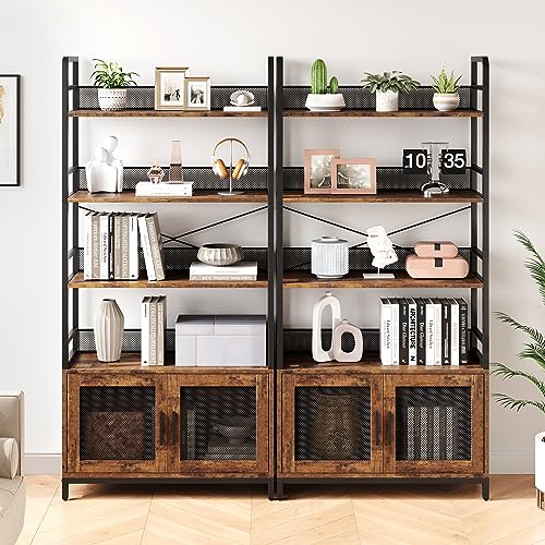 Bookshelf with Doors Industrial Bookcase with 4 Tiers Open Storage Shelf 70.87 in Tall Bookshelves Rustic Display Rack Cabinet for Bedroom, Living Room, Home Office, Brown