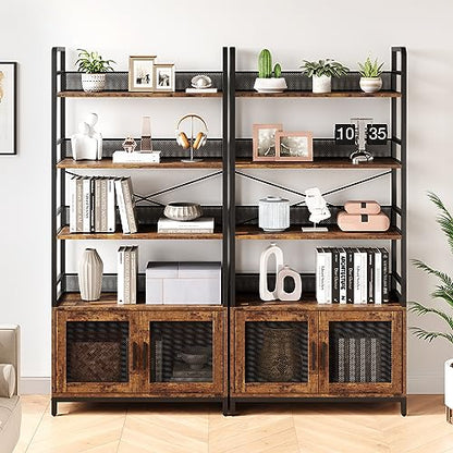 Bookshelf with Doors Industrial Bookcase with 4 Tiers Open Storage Shelf 70.87 in Tall Bookshelves Rustic Display Rack Cabinet for Bedroom, Living Room, Home Office, Brown