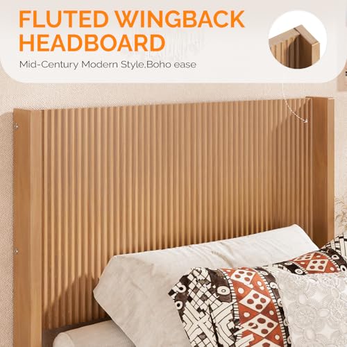 Fluted Twin Bed Frame with Storage Bench and Wingback Headboard, view 7
