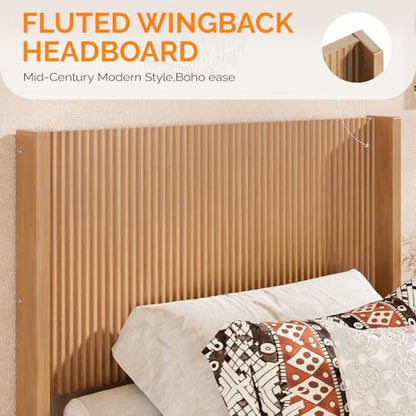 Fluted Twin Bed Frame with Storage Bench and Wingback Headboard, view 7