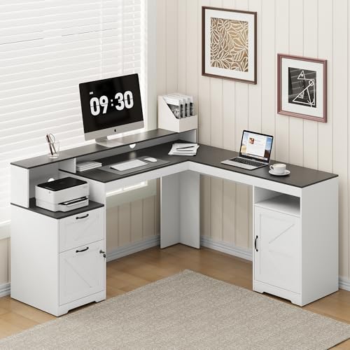 63" Farmhouse L Shaped Executive Desk, Corner Computer Desk with Drawers & Storage Shelf, Home Office Desk with Power Outlet, Monitor Stand, Wood Grain Desktop, White & Black