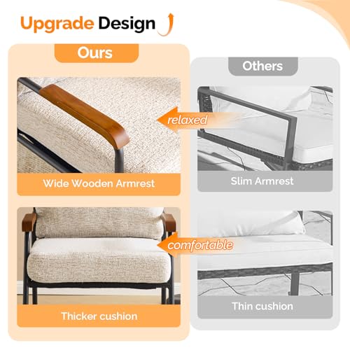 Mid-Century Modern Accent Armchiar for Small Space, Small Comfy Upholstered Leisure Reading Chair with Wood Armrest for Bedroom, Living Room, Waiting Room, Linen Beige