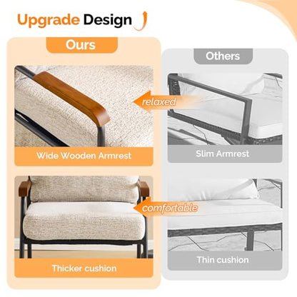 Mid-Century Modern Accent Armchiar for Small Space, Small Comfy Upholstered Leisure Reading Chair with Wood Armrest for Bedroom, Living Room, Waiting Room, Linen Beige