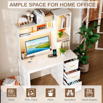 40” Home Office Desk with Hutch and Drawers, Computer Desk with Power Outlets and LED Light, Study Writing Gaming Table with Storage Shelves, Workstation for Bedroom, White