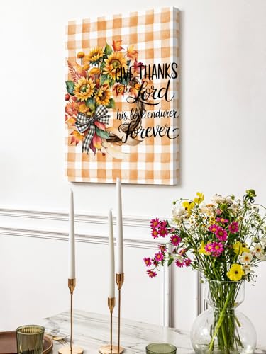 NuYeBiofx Autumn Sunflower Wreath Watercolor Canvas Wall Art Prints,40"x28" Framed Picture Artwork Orange Buffalo Plaid Printed Canvas Oil Painting for Living Room Bedroom Office,Ready to Hang