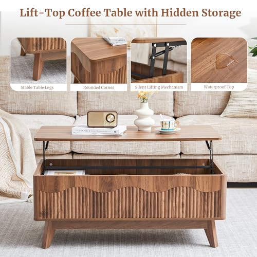 Lift Top Coffee Table with Hidden Storage, Farmhouse Fluted Coffee Table with Wave Profile, Rising Top Rectangular Center Table for Living Room (Walnut)