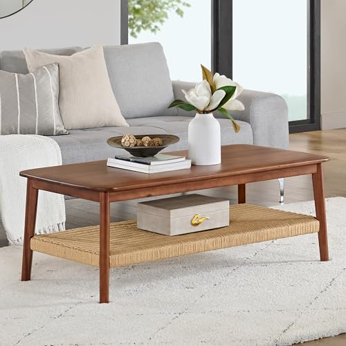 Calais 48 Inch Rectangular Solid Wood Coffee Table with Woven Storage Shelf – Mid Century Modern 2-Tier Living Room Table (Chestnut)