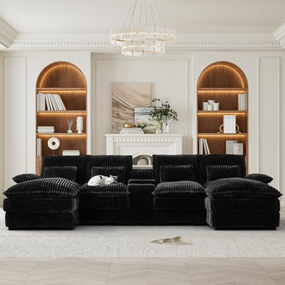 124" U Shaped Cloud Couch Sectional, Comfy Fluffy Plush Corduroy Black Sectional Couches for Living Room, Modern Modular Corduroy Couch Sectionals with Central Console & Double Chaise Lounge