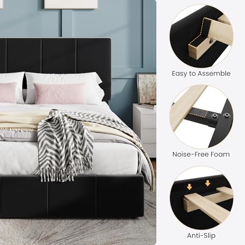 Queen Size Bed Frame, Velvet Upholstered Platform Bed, Black, view 7
