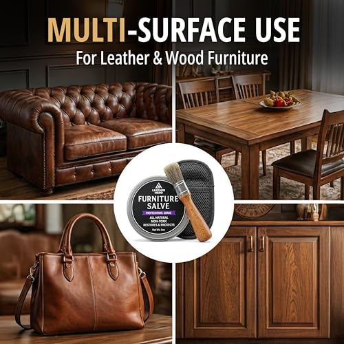 3-in-1 Furniture Salve for Leather & Wood – Polisher, Conditioner, & Restorer for Couches and Furniture- Leather Repair Salve with Brush & Buffing Pad- 5oz