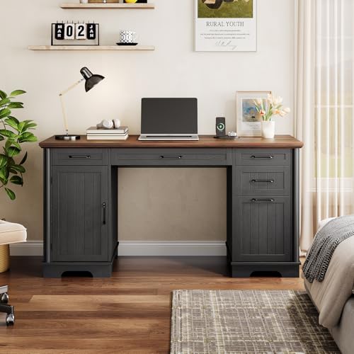 56" Large Executive Desk with Drawers,Modern Farmhouse Home Office Desk with Charging Station, Wood Computer Writing Desk with File Drawer for Study Work Bedroom Living Room Black