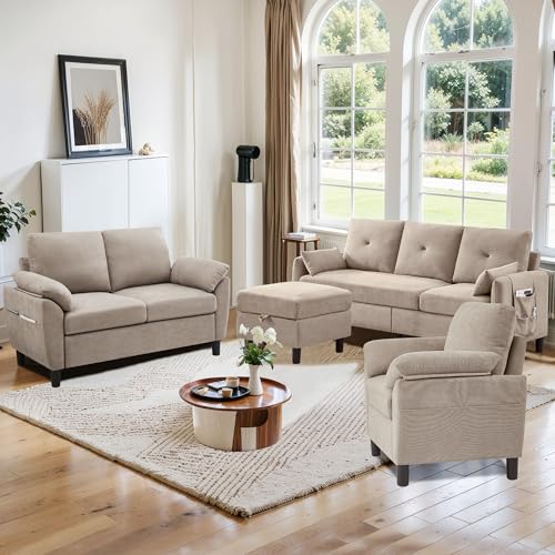 4 PCS Living Room Furniture Set, 3 Seat Couch & Loveseat & Armchair with Storage Ottoman, Modern Couch Set with Side Pockets, Couches for Living Room (3+2+1 Seat/Beige)