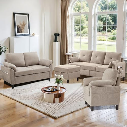 4 PCS Living Room Furniture Set, 3 Seat Couch & Loveseat & Armchair with Storage Ottoman, Modern Couch Set with Side Pockets, Couches for Living Room (3+2+1 Seat/Beige)