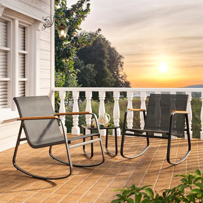 3 Pieces Patio Furniture Set Textilene Fabric Outdoor Patio Rocking Bistro Set with Wooden Armrests and Coffee Table for Lawn, Porch, Balcony, Poolside, Black