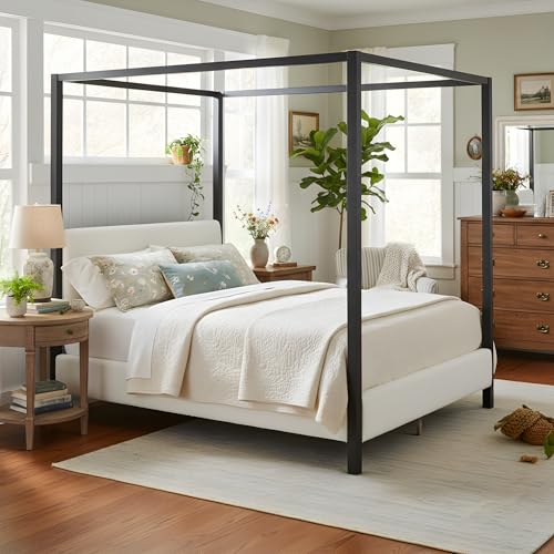 LUMISOL Queen Size Metal Canopy Bed with Upholstered Headboard, view 6
