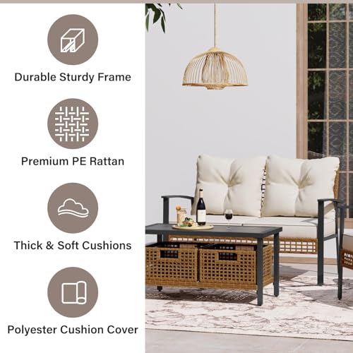 4-Piece Patio Conversation Set, Comfortable Oversized Outdoor Furniture Set with Rocking Chairs and Storage Coffee Table for Backyard, Porch, Garden and Poolside