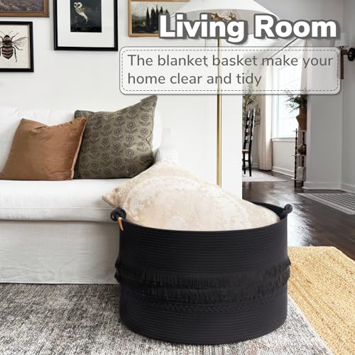 Large Blanket Basket Living Room, Laundry Basket With Tassel, 90L | Woven Storage Basket for Toys, Clothes & Pillows Storage，Bedroom Nursery Décor, Laundry Hamper With Handles, Black