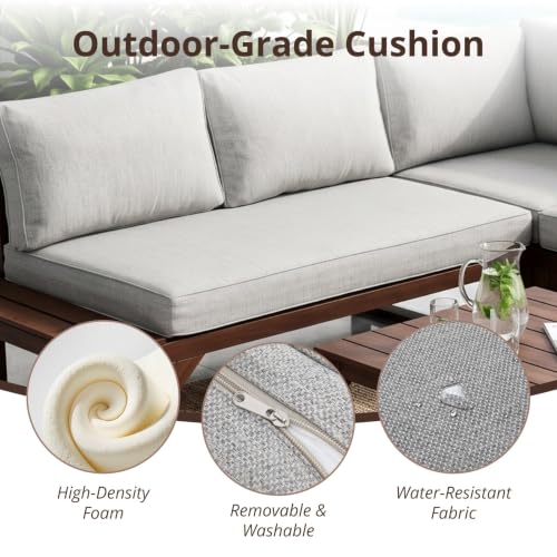 4 Pieces Wood Patio Furniture Set Outdoor Sectional, L Shaped Outdoor Couch Outdoor Sectional Furniture with Built-in Side Table for Backyard,Deck,Balcony