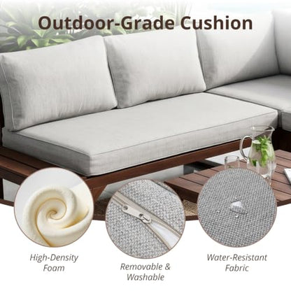 4 Pieces Wood Patio Furniture Set Outdoor Sectional, L Shaped Outdoor Couch Outdoor Sectional Furniture with Built-in Side Table for Backyard,Deck,Balcony