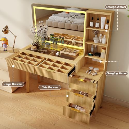 Oak Fluted Makeup Vanity Desk, 48" Vanity Desk with 36" Mirror, view 4