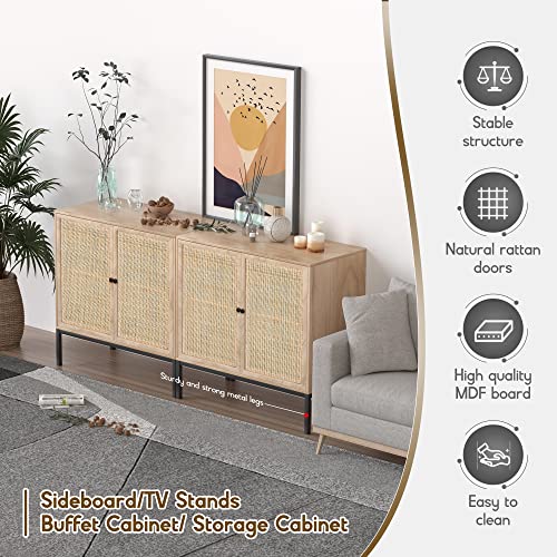 Rattan Sideboard Cabinet with 2 Doors, 31.5" Boho Buffet Credenza with Metal Legs, Natural Cane Accent Storage Cabinet for Living Room, Dining Room, Entryway, Set of 2