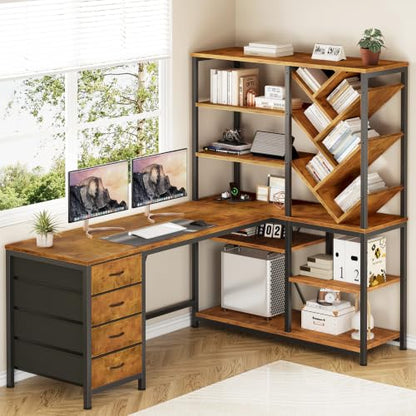 58" L Shaped Desk with Bookshelf and 3 Drawers for Home Office, view 2