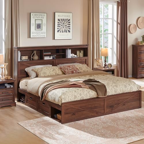 Brown Solid Wood Platform Bed Frame with Drawers and Lighting, view 2