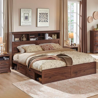Brown Solid Wood Platform Bed Frame with Drawers and Lighting, view 2