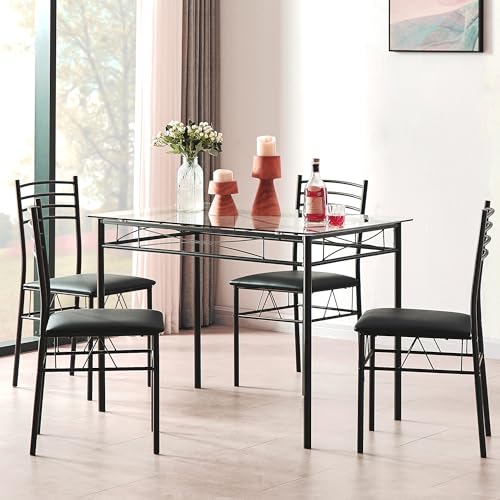 Kitchen Dining Table and Chairs Set for 4, Padded Seat & Glasses Tabletop, Space Saving, Matte Black