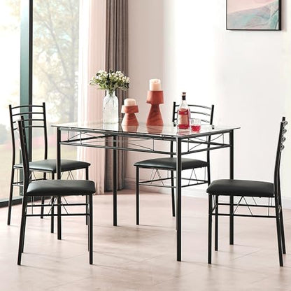Kitchen Dining Table and Chairs Set for 4, Padded Seat & Glasses Tabletop, Space Saving, Matte Black