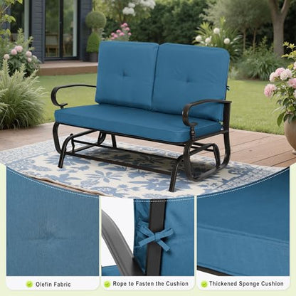 Patio Conversation Sets - Outdoor Metal Furniture Set (Peacock Blue, Wrought Iron, 4Pcs Including Glider, Bistro Table, 2 Spring Lounge Chairs)