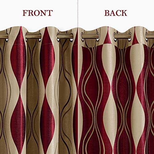 Wave Room Darkening Curtains 52 X 63 Inch Length Burgundy and Beige Set of 2 Panels Bedroom Jacquard Grommet Window Drapes for Living Room