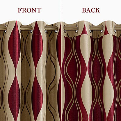 Wave Room Darkening Curtains 52 X 63 Inch Length Burgundy and Beige Set of 2 Panels Bedroom Jacquard Grommet Window Drapes for Living Room