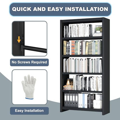 Bookshelf, 5 Shelf Bookcases, Tall Bookcase for Heavy Books, CDs, Movies, Garage Kit, Modern Display Shelf for Library Home Office Bderoom Living Room, Metal Bookshelves Industrial Black