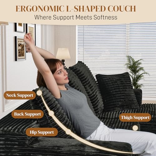 108" L Shaped Boneless Sectional Couches for Living Room, Comfy Corduroy Floor Cloud Sofa with Chaise, Wide Armrest, Deep Seat, Memory Foam, Assembly Free, Ideal for Small Spaces, Black
