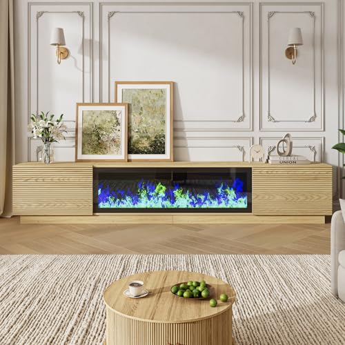 94.5" Fireplace TV Stand, Fluted TV Stands for Living Room, Natural, view 4