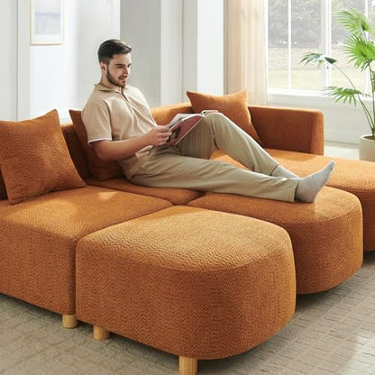 109.84" Modular Sectional Sofa with 3 Pillows, Convertible 5-Seater Comfy Boucle Cloud Couch with Ottoman, Modern Sectional Sofas for Living Room, Office, Apartment (Curry)