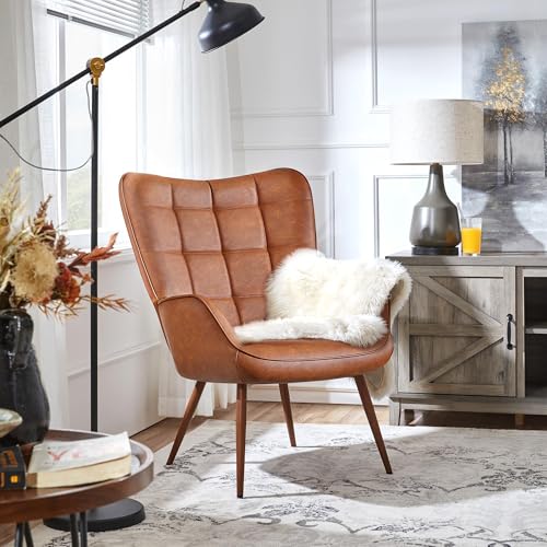 Yaheetech Accent Chairs, Large PU Leather High-Back Chair w/Metal Legs, Pottery Barn Style Living Room Chairs for Bedroom/Home Office, Camel