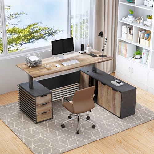 70.87IN Adjustable Heigh L Shaped Executive Desk w/Cabinet Storage, Modern Computer Standing Home Office Desk w/File Cabinet, AC/USB, Large Writing Table Business Workstation
