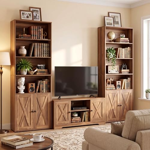 Industrial Bookshelves and Bookcases with Doors Set of Two Floor Standing 6 Shelf Display Storage Shelves 70 in Tall Bookcase for Home Office, Living Room