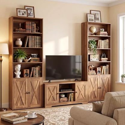 Industrial Bookshelves and Bookcases with Doors Set of Two Floor Standing 6 Shelf Display Storage Shelves 70 in Tall Bookcase for Home Office, Living Room