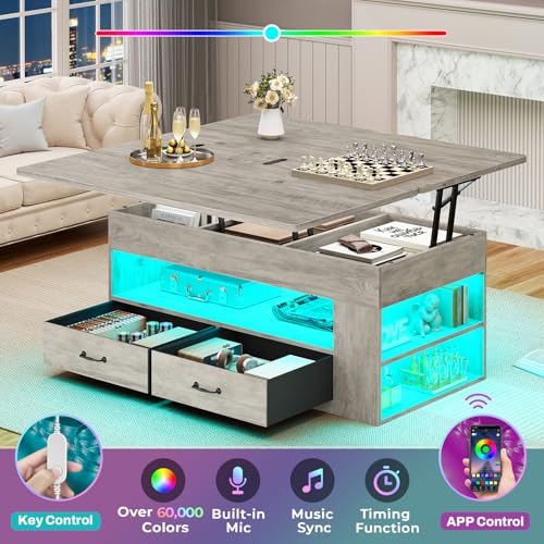 Lift Top Coffee Table, 4 in 1 Coffee Tables with Storage and Hidden Compartment, Farmhouse Coffee Table with 2 Fabric Drawers & LED Light for Living Room, Grey Oak